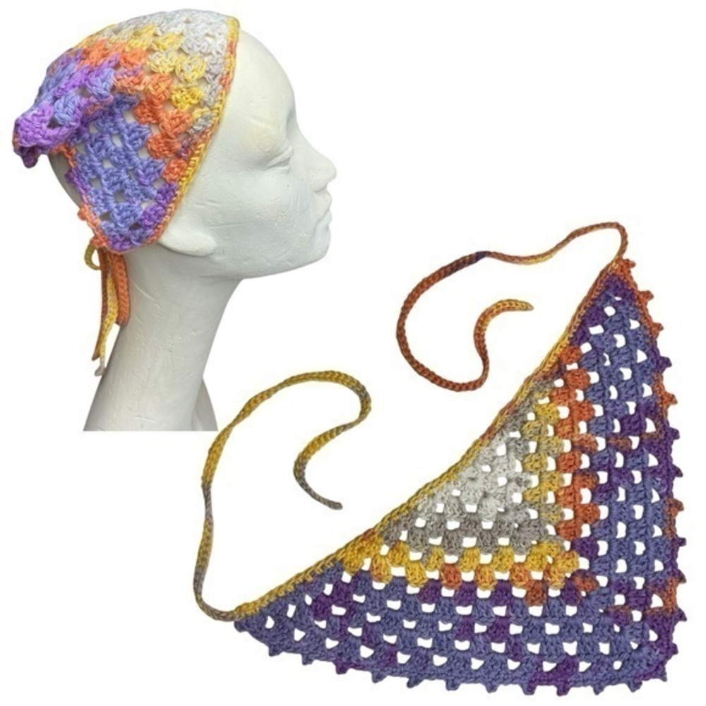 Multicolor Crochet Triangle Bandanna Headscarf Handcrafted Pima Cotton Boho Knit